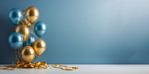 Birthday Celebration with Gold and Blue Balloons.
Happy Birthday.