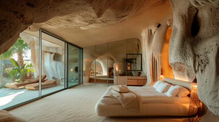 Bedroom in home or hotel into a rock cave with  modern furniture
