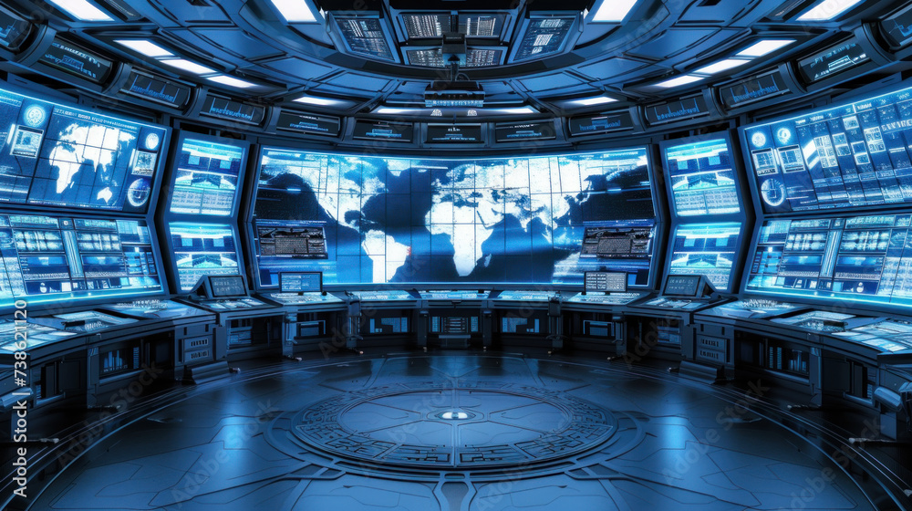 Wall mural futuristic command center with holographic displays