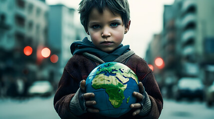 Jeune garçon tenant un globe dans ses main, concept environnement - obrazy, fototapety, plakaty