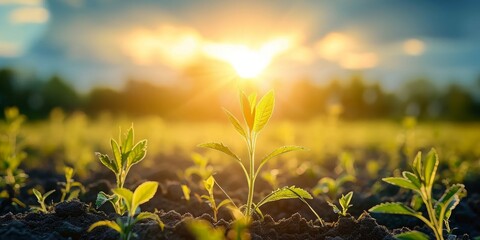 Crop plants in the field reaching for the sun, Generative AI 