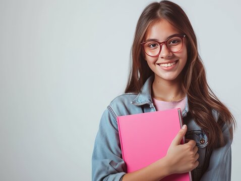 Portrait of a student with glasses and long brown hair smiling at the camera holding a pink book in a grey room. Created with Generative AI.