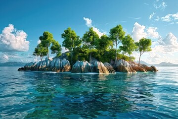 Island with rocky outcrops and trees in middle of sea capturing essence of travel and nature scenic seascape presenting tranquil vacation ideal for summer holidays with beaches clear blue waters - Powered by Adobe