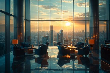 Elegant business lounge in a high-rise building, panoramic city