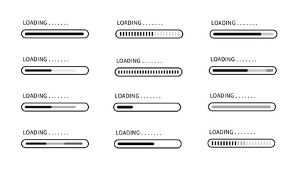 Set loading bar icons. Progress bar loading signs. Collection loading status bar in different design. Download progress icons 
