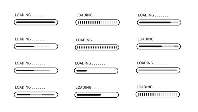 Set loading bar icons. Progress bar loading signs. Collection loading status bar in different design. Download progress icons 