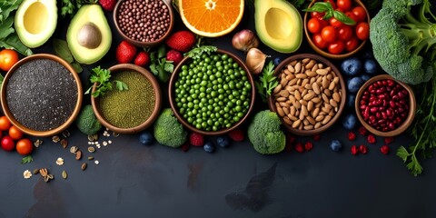 Overview of vegan cuisine Superfoods photographed from above Organic ingredients for a healthy...