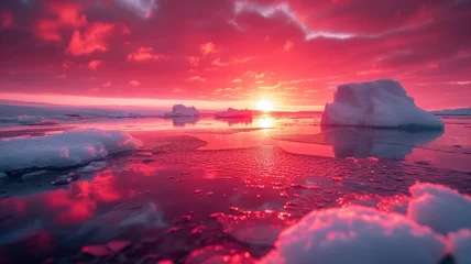 Keuken spatwand met foto Amidst a breathtaking arctic sunrise, melting icebergs create a serene reflection on the frozen lake, a stunning display of nature's beauty and the changing world we live in © mendor