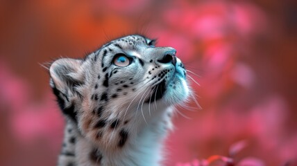 A majestic snow leopard gazes upward, its striking fur and powerful snout embodying the wild beauty of the felidae family