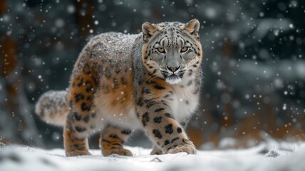 A majestic snow leopard stands tall, its whiskers brushing against the cold winter air as it surveys the snowy landscape, embodying the fierce grace of the wildcat family