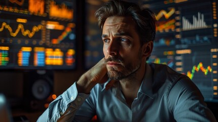 Financial analyst deep in thought with charts and graphs surrounding