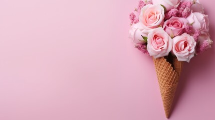 Waffle cone with roses bouquet on pink background, flat lay, top view