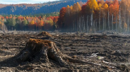 Earth Day Reminder: Vibrant Autumn Forest with Foreground Deforestation.