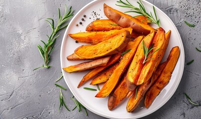 Golden sweet potato fries with aromatic rosemary presented on a plate in a captivating top-down view, perfect for food enthusiasts and culinary themes