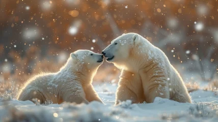 Foto op Canvas Amidst a wintry landscape, two majestic polar bears roam freely, showcasing the resilience and beauty of these powerful arctic mammals © mendor