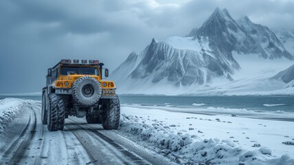A vibrant yellow snowplow braves the frozen mountain roads, its tires churning through the snow as it makes its way through the wintry landscape under a cloudy sky - obrazy, fototapety, plakaty