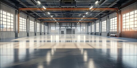 Future factory with polished concrete floor spacious display area for industrial products and a modern industrial background, Generative AI 