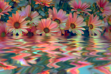 Beautiful Reflections of Flowers on the Water Surface. Fantastical World with Flowers Reflected on the Water Surface.