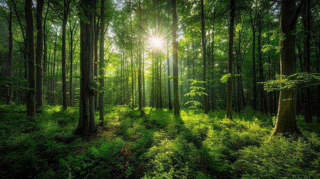Fototapeta Lush green forest with sunlight filtering through the trees