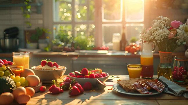 Healthy breakfast with oat flakes , hot drink and berries. Morning meal beside a window kitchen over the morning Sunlight