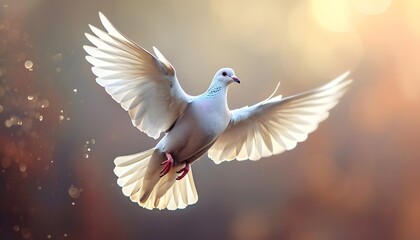 Fototapeta premium dove of peace in flight spreading wings light background