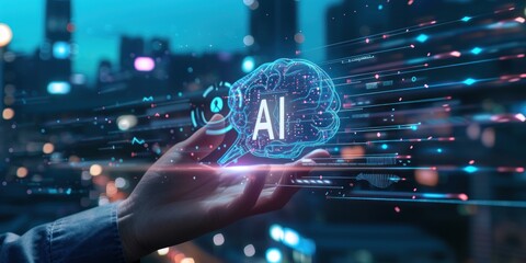 Businessman hand holding AI brain technology hologram 