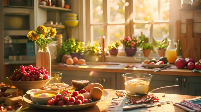 Healthy breakfast with oat flakes , hot drink and berries. Morning meal beside a window kitchen over the morning Sunlight