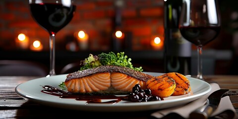 Dark atmospheric restaurant serves gourmet salmon steaks with sour-sweet sauce, paired with red wine, Generative AI 