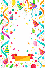 Celebration background with colorful confetti and party ribbons – seamless celebration borders on white background. Vector illustration. copy space in cneter  