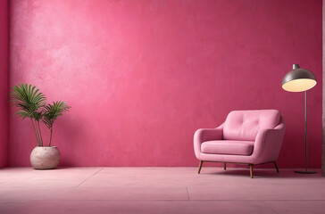 Pink modern armchair, Background is pink empty wall, Minimalist interior design.