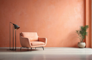 Peach Fuzz color modern armchair, Background is peach fuzz empty wall, Minimalist interior design.