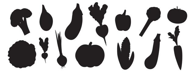 Vector black silhouettes set of vegetables isolated on white background.Food icons shapes. Collection of logo design.