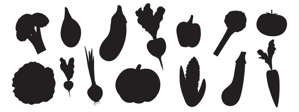 Vector Black Silhouettes Set Of Vegetables Isolated On White Background.Food Icons Shapes. Collection Of Logo Design.