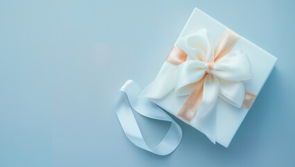 White gift box with a white-gold bow on a soft blue background