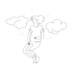 Sleeping girl with clouds, isolated line art illustration