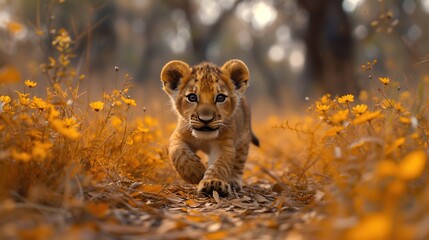 A young lion cub strides through a field of golden flowers at sunset, a moment capturing the wild's youthful exploration. Ideal for children's books or wildlife awareness campaigns - obrazy, fototapety, plakaty