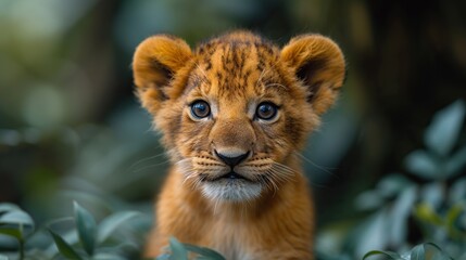 A close-up portrait of a lion cub with piercing blue eyes amidst lush greenery, exuding a sense of curiosity and innocence. Perfect for wildlife conservation themes