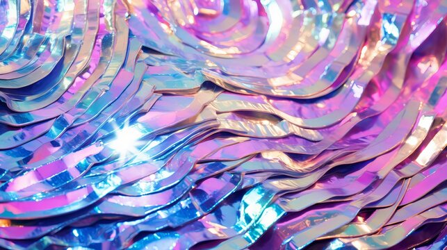 Abstract cheerful fancy festive party background texture of vibrant holographic curly metallic foil ornament with bright shiny crystal gleaming reflections and glittering bokeh light effect