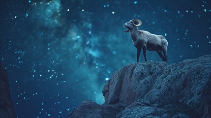 A ram silhouetted against a cosmic backdrop, symbolizing adventure and the untamed spirit of nature, suitable for environmental or astrological themes - obrazy, fototapety, plakaty