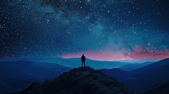 A lone figure stands under a breathtaking cosmic sky, evoking themes of introspection and the vastness of the universe, ideal for philosophical or inspirational content,