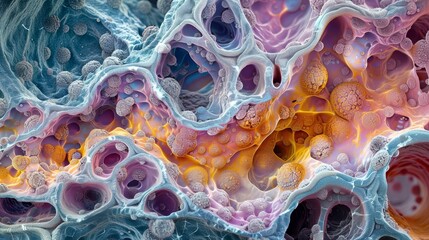 Digital rendering of a microscopic organic landscape, with detailed textures and a rich color palette, evoking a sense of scientific exploration.