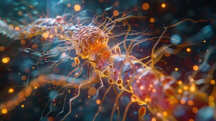 Artistic visualization of neural synapse transmission with glowing nodes and connections, representing neural activity and communication.