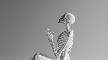 A human skeleton in a reflective pose, looking upwards, symbolizes aspiration, hope, or searching for something beyond the earthly plane, highlighted against a bright sky.