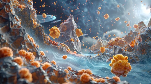 A science fiction-inspired landscape depicting the interaction of viral particles and antibodies in a dynamic and detailed micro-environment.