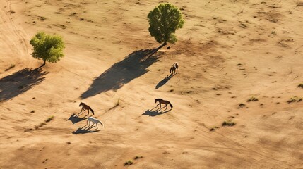 Aerial photo of horses eating on sunny summer day in a dry field, vertical view
