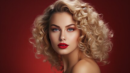 Beautiful girl with long wavy hair .  Blonde with curly hairstyle and red lips