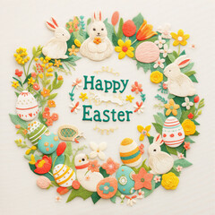 Easter symbols embroidered on a white cloth. Round composition made of unnies, eggs, flowers and the words "Happy Easter.