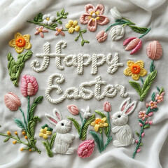 Easter symbols embroidered on a white cloth. Bunnies, eggs, flowers and the words "Happy Easter.