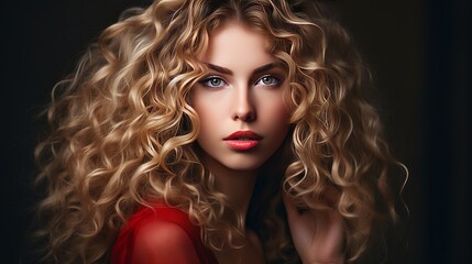 Beautiful girl with long wavy hair .  Blonde with curly hairstyle and red lips - obrazy, fototapety, plakaty