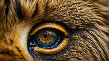 Close up of angry lion eye, detailed intricate texture and vibrant colors from Generative AI